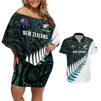 New Zealand Silver Fern Rugby Custom Couples Matching Off Shoulder Short Dress and Hawaiian Shirt Go All Black Turquoise Maori Paua Shell LT14 Turquoise - Polynesian Pride