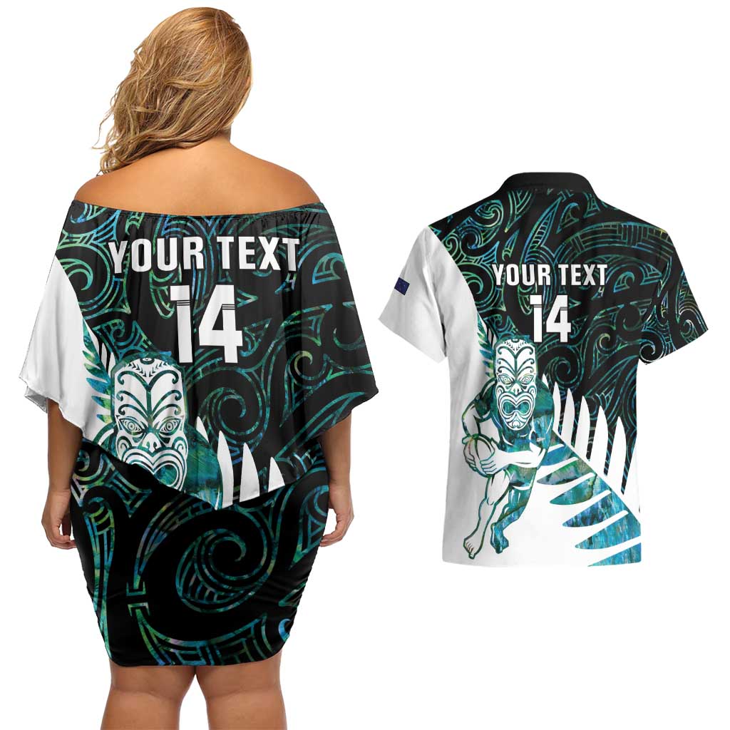 New Zealand Silver Fern Rugby Custom Couples Matching Off Shoulder Short Dress and Hawaiian Shirt Go All Black Turquoise Maori Paua Shell LT14 - Polynesian Pride
