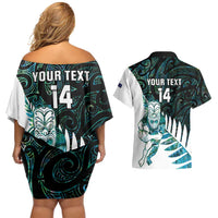 New Zealand Silver Fern Rugby Custom Couples Matching Off Shoulder Short Dress and Hawaiian Shirt Go All Black Turquoise Maori Paua Shell LT14 - Polynesian Pride