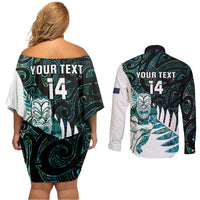 New Zealand Silver Fern Rugby Custom Couples Matching Off Shoulder Short Dress and Long Sleeve Button Shirt Go All Black Turquoise Maori Paua Shell LT14 - Polynesian Pride