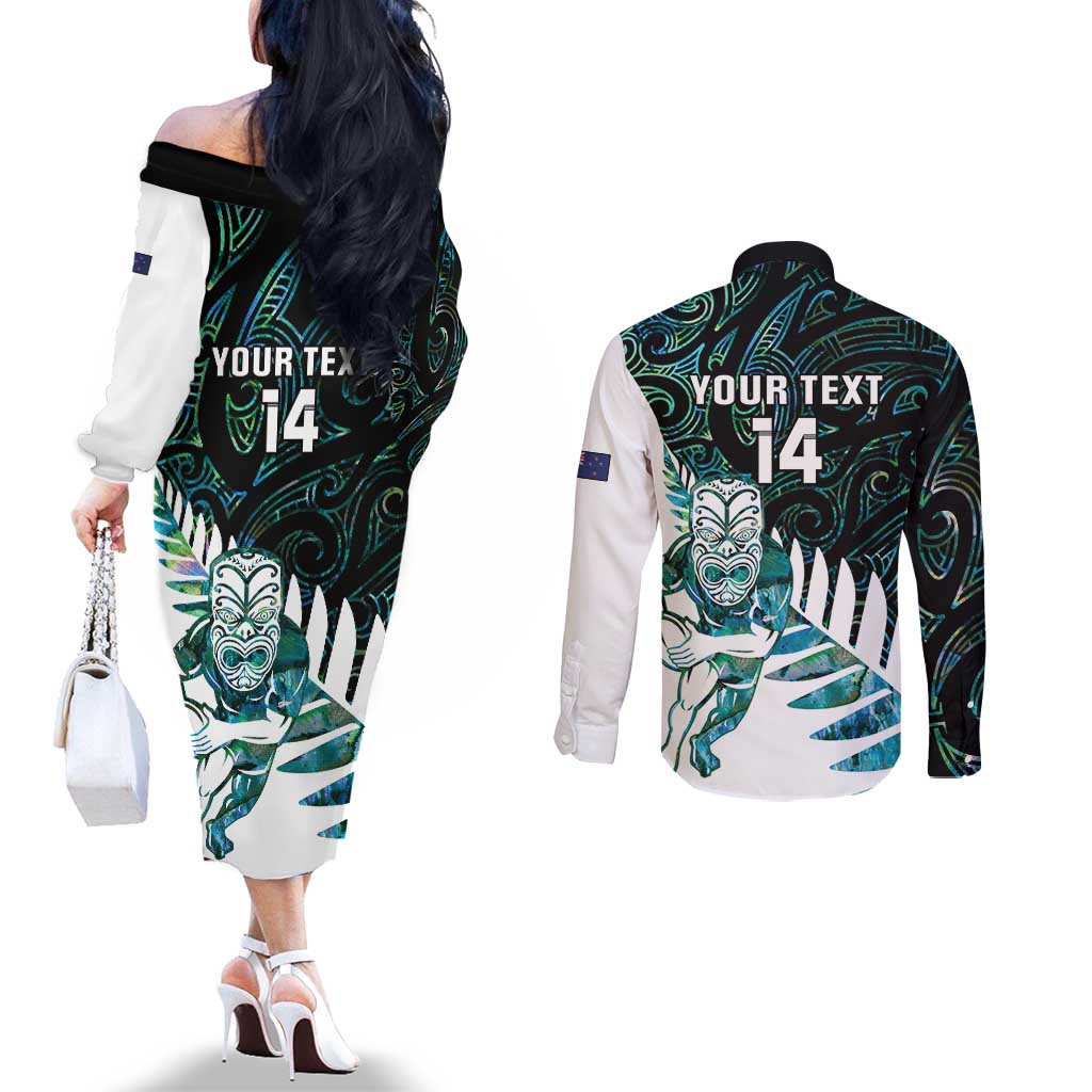 New Zealand Silver Fern Rugby Custom Couples Matching Off The Shoulder Long Sleeve Dress and Long Sleeve Button Shirt Go All Black Turquoise Maori Paua Shell - Polynesian Pride