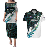 New Zealand Silver Fern Rugby Custom Couples Matching Puletasi and Hawaiian Shirt Go All Black Turquoise Maori Paua Shell - Polynesian Pride