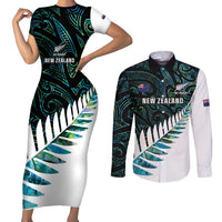 New Zealand Silver Fern Rugby Custom Couples Matching Short Sleeve Bodycon Dress and Long Sleeve Button Shirt Go All Black Turquoise Maori Paua Shell - Polynesian Pride