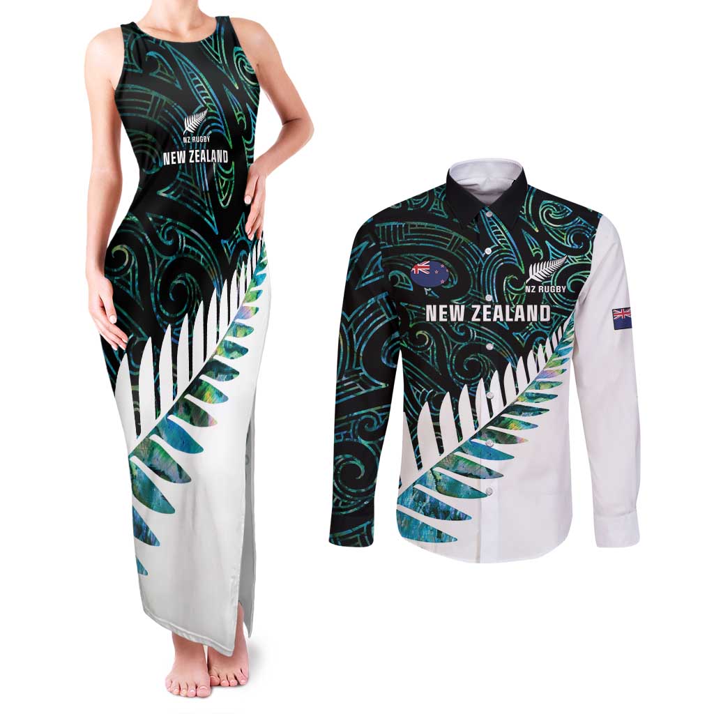 New Zealand Silver Fern Rugby Custom Couples Matching Tank Maxi Dress and Long Sleeve Button Shirt Go All Black Turquoise Maori Paua Shell - Polynesian Pride