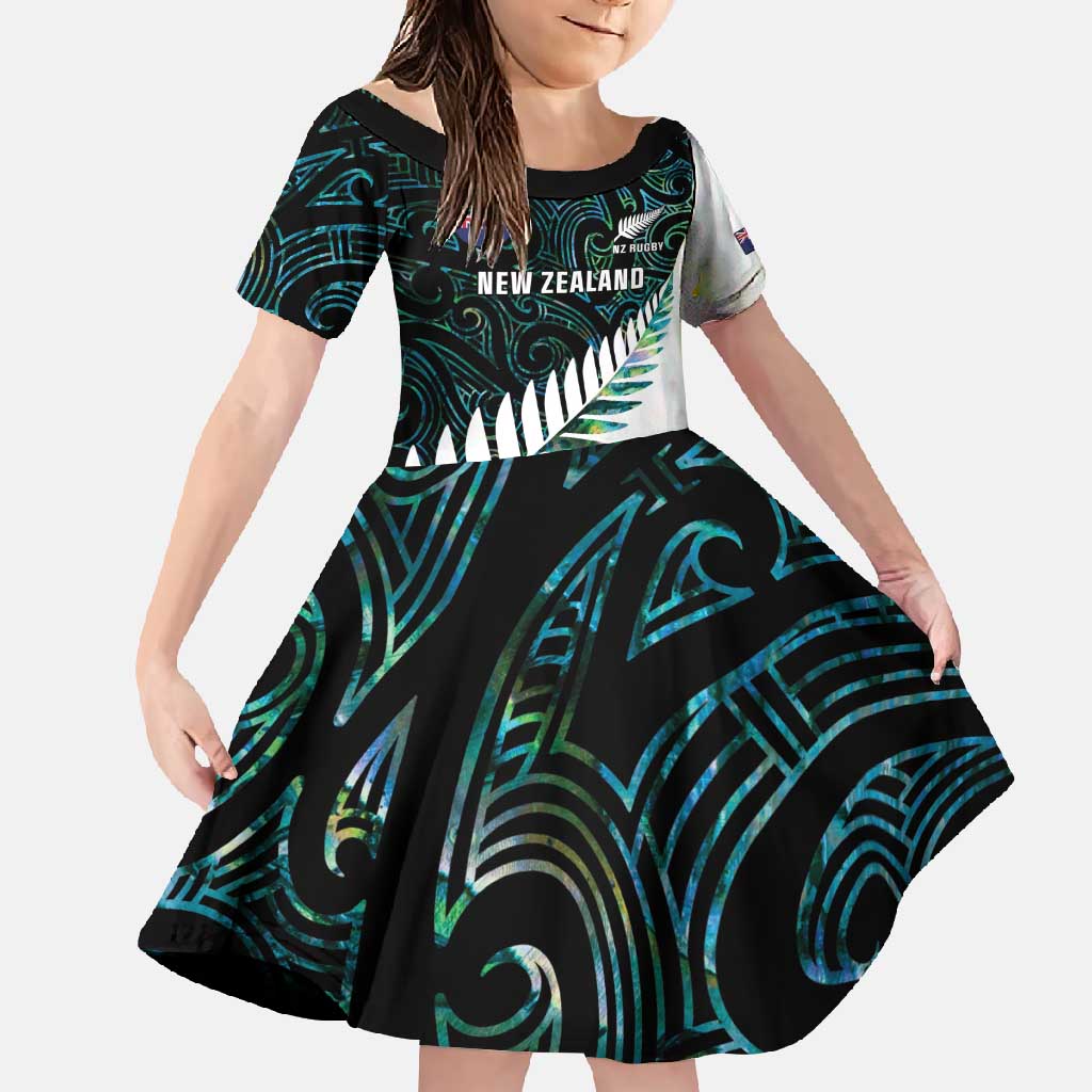 New Zealand Silver Fern Rugby Custom Family Matching Long Sleeve Bodycon Dress and Hawaiian Shirt Go All Black Turquoise Maori Paua Shell LT14 Daughter's Dress Turquoise - Polynesian Pride