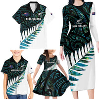 New Zealand Silver Fern Rugby Custom Family Matching Long Sleeve Bodycon Dress and Hawaiian Shirt Go All Black Turquoise Maori Paua Shell LT14 - Polynesian Pride