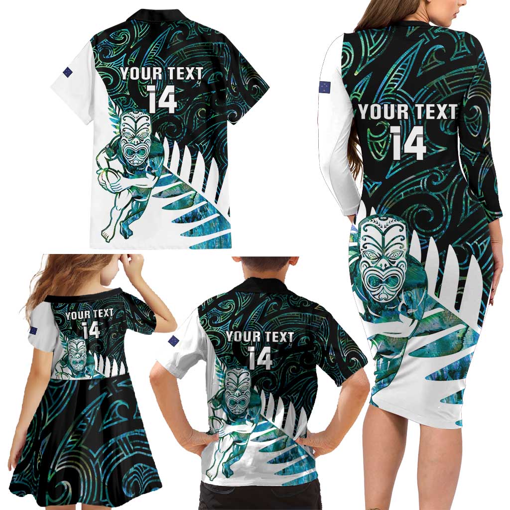 New Zealand Silver Fern Rugby Custom Family Matching Long Sleeve Bodycon Dress and Hawaiian Shirt Go All Black Turquoise Maori Paua Shell LT14 - Polynesian Pride