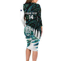New Zealand Silver Fern Rugby Custom Family Matching Long Sleeve Bodycon Dress and Hawaiian Shirt Go All Black Turquoise Maori Paua Shell LT14 - Polynesian Pride