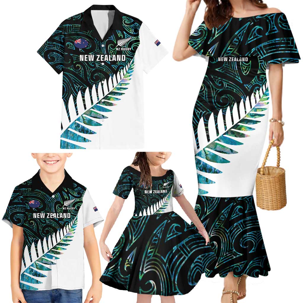 New Zealand Silver Fern Rugby Custom Family Matching Mermaid Dress and Hawaiian Shirt Go All Black Turquoise Maori Paua Shell - Polynesian Pride