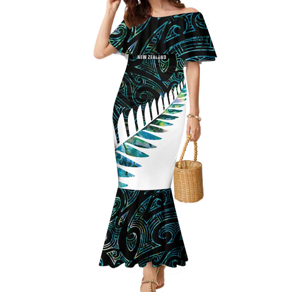 New Zealand Silver Fern Rugby Custom Family Matching Mermaid Dress and Hawaiian Shirt Go All Black Turquoise Maori Paua Shell LT14 Mom's Dress Turquoise - Polynesian Pride