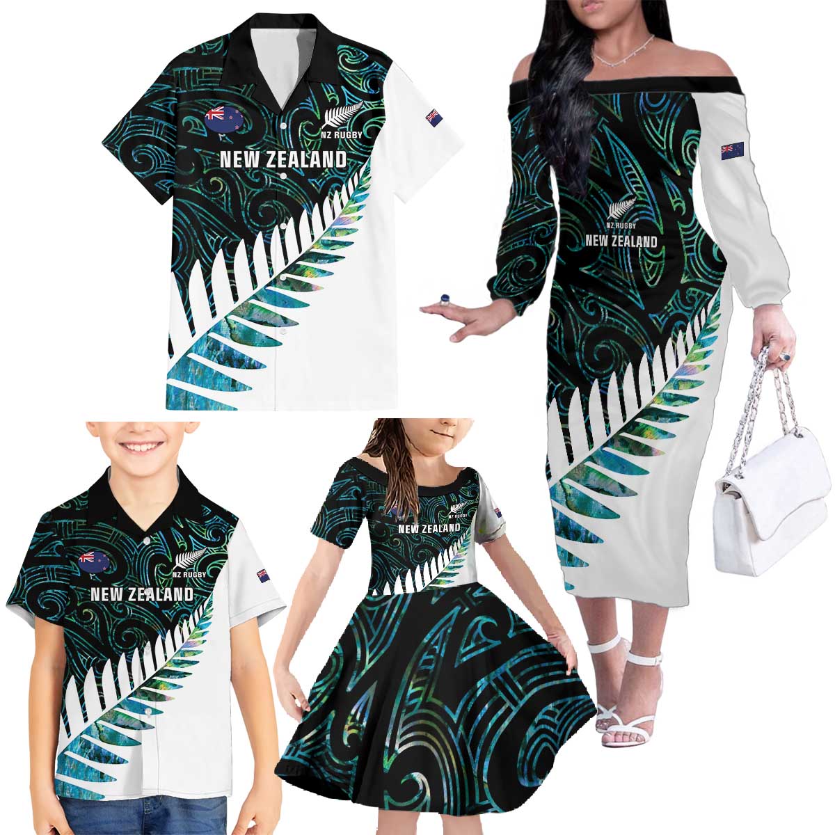New Zealand Silver Fern Rugby Custom Family Matching Off The Shoulder Long Sleeve Dress and Hawaiian Shirt Go All Black Turquoise Maori Paua Shell - Polynesian Pride