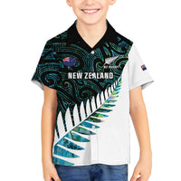 New Zealand Silver Fern Rugby Custom Family Matching Off The Shoulder Long Sleeve Dress and Hawaiian Shirt Go All Black Turquoise Maori Paua Shell - Polynesian Pride