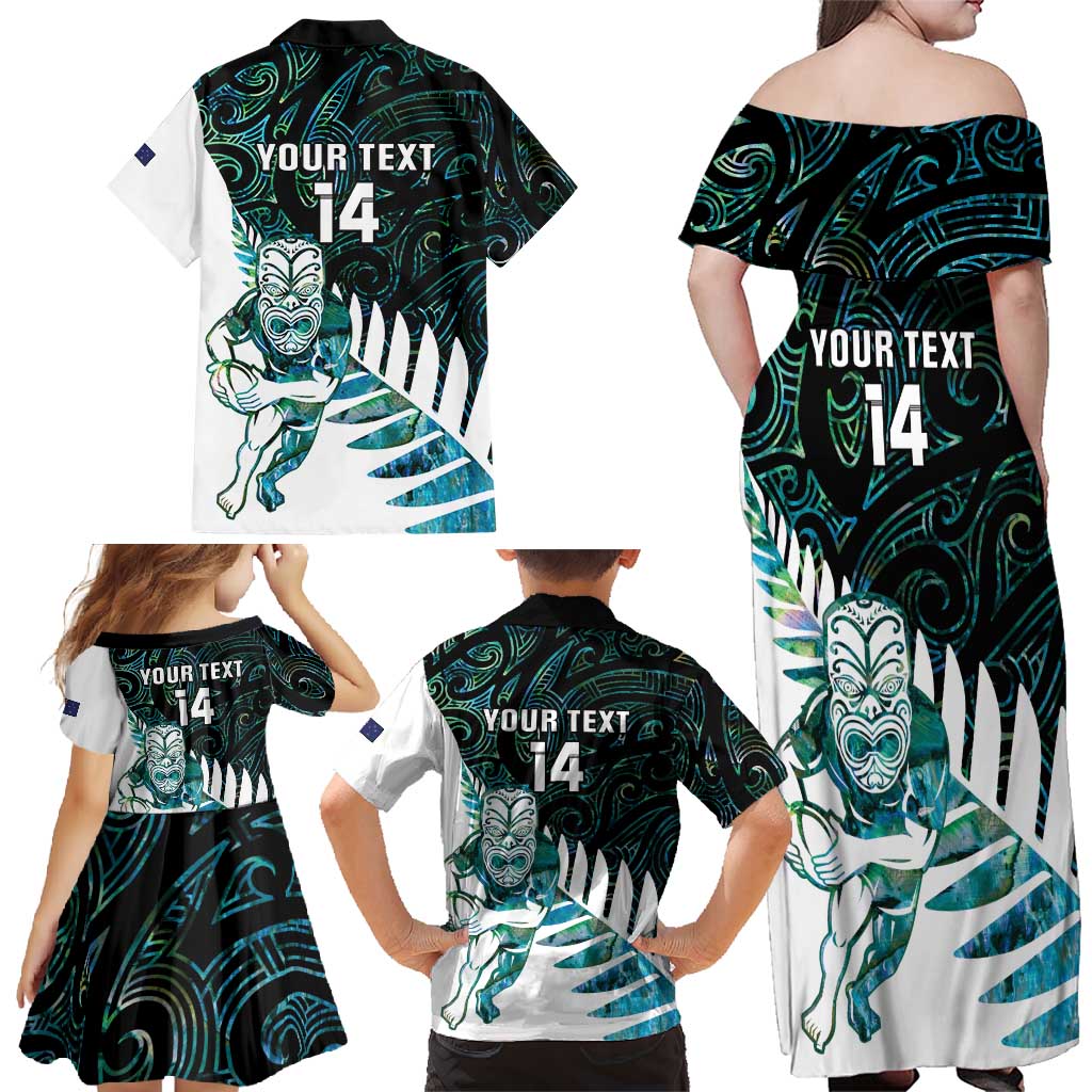 New Zealand Silver Fern Rugby Custom Family Matching Off Shoulder Maxi Dress and Hawaiian Shirt Go All Black Turquoise Maori Paua Shell LT14 - Polynesian Pride