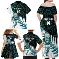 New Zealand Silver Fern Rugby Custom Family Matching Off Shoulder Maxi Dress and Hawaiian Shirt Go All Black Turquoise Maori Paua Shell LT14 - Polynesian Pride