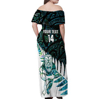 New Zealand Silver Fern Rugby Custom Family Matching Off Shoulder Maxi Dress and Hawaiian Shirt Go All Black Turquoise Maori Paua Shell LT14 - Polynesian Pride