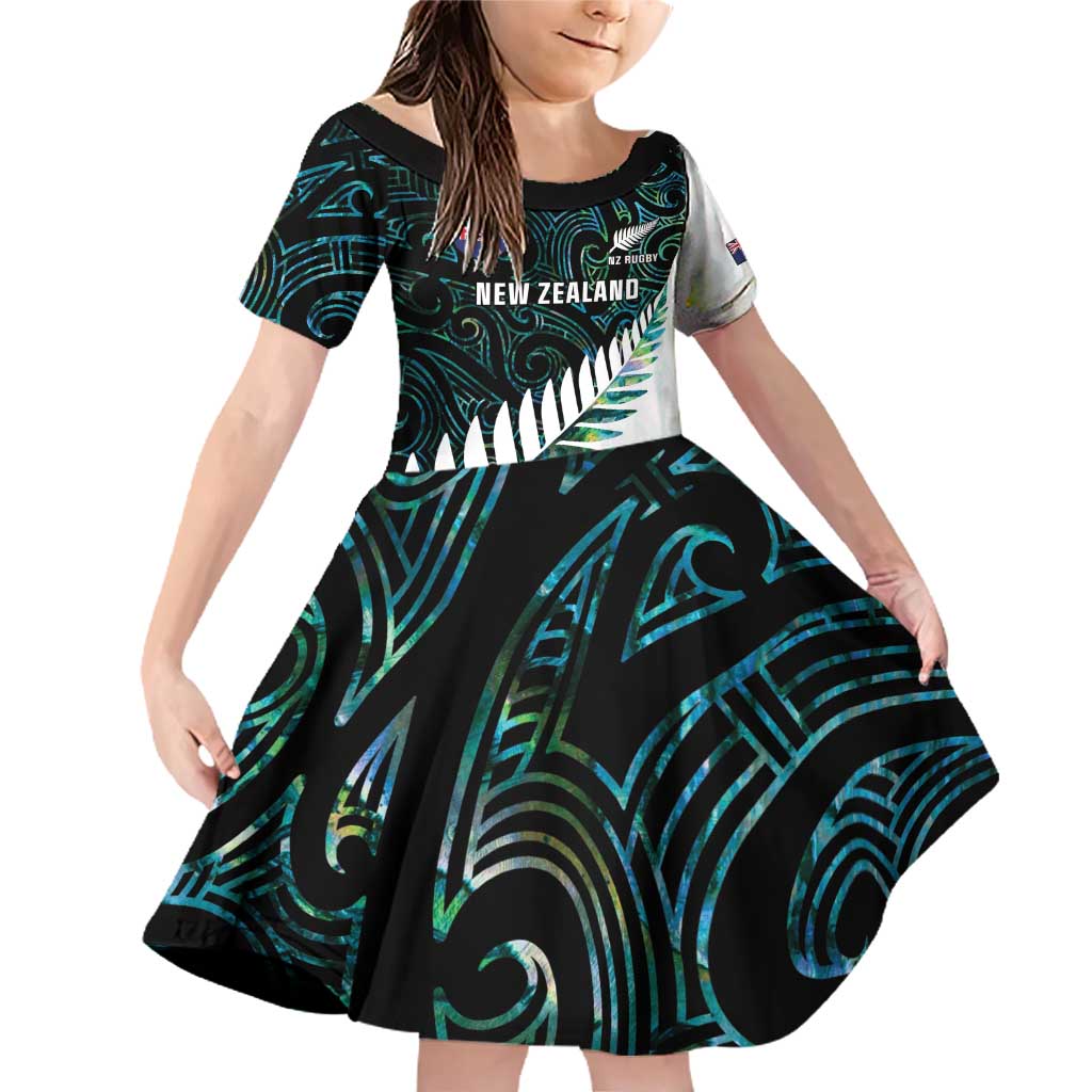 New Zealand Silver Fern Rugby Custom Family Matching Off Shoulder Short Dress and Hawaiian Shirt Go All Black Turquoise Maori Paua Shell LT14 Daughter's Dress Turquoise - Polynesian Pride