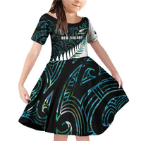 New Zealand Silver Fern Rugby Custom Family Matching Off Shoulder Short Dress and Hawaiian Shirt Go All Black Turquoise Maori Paua Shell LT14 Daughter's Dress Turquoise - Polynesian Pride