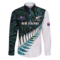 New Zealand Silver Fern Rugby Custom Family Matching Off Shoulder Short Dress and Hawaiian Shirt Go All Black Turquoise Maori Paua Shell LT14 Dad's Shirt - Long Sleeve Turquoise - Polynesian Pride