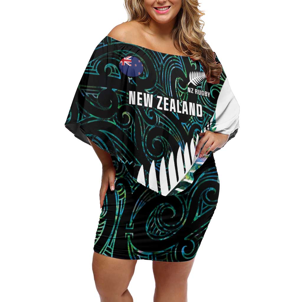 New Zealand Silver Fern Rugby Custom Family Matching Off Shoulder Short Dress and Hawaiian Shirt Go All Black Turquoise Maori Paua Shell LT14 Mom's Dress Turquoise - Polynesian Pride