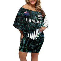 New Zealand Silver Fern Rugby Custom Family Matching Off Shoulder Short Dress and Hawaiian Shirt Go All Black Turquoise Maori Paua Shell LT14 Mom's Dress Turquoise - Polynesian Pride