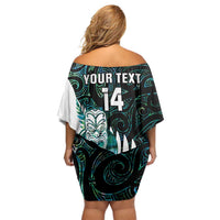 New Zealand Silver Fern Rugby Custom Family Matching Off Shoulder Short Dress and Hawaiian Shirt Go All Black Turquoise Maori Paua Shell LT14 - Polynesian Pride