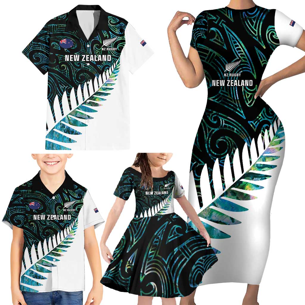 New Zealand Silver Fern Rugby Custom Family Matching Short Sleeve Bodycon Dress and Hawaiian Shirt Go All Black Turquoise Maori Paua Shell LT14 - Polynesian Pride