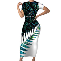 New Zealand Silver Fern Rugby Custom Family Matching Short Sleeve Bodycon Dress and Hawaiian Shirt Go All Black Turquoise Maori Paua Shell LT14 Mom's Dress Turquoise - Polynesian Pride