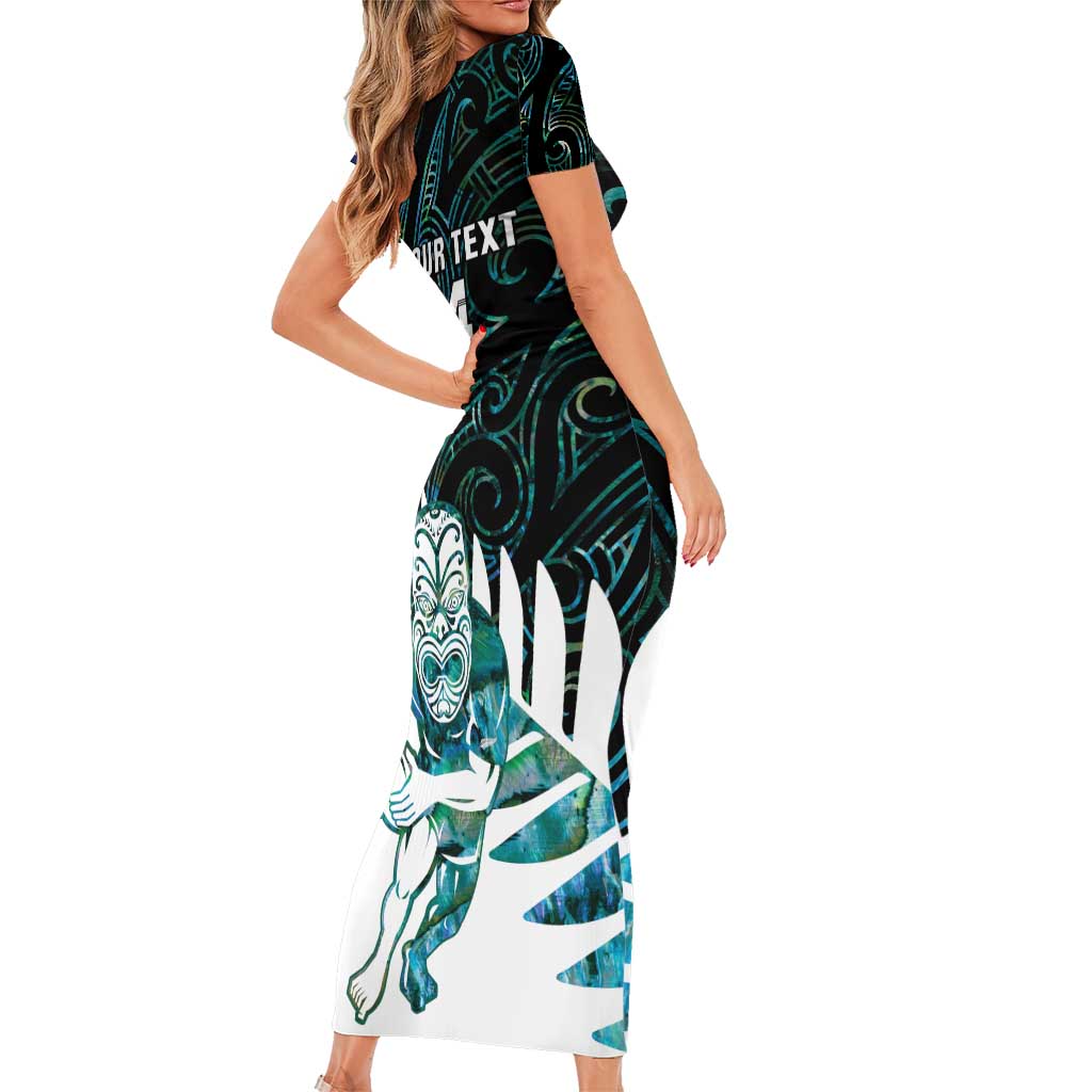 New Zealand Silver Fern Rugby Custom Family Matching Short Sleeve Bodycon Dress and Hawaiian Shirt Go All Black Turquoise Maori Paua Shell LT14 - Polynesian Pride