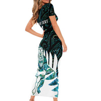 New Zealand Silver Fern Rugby Custom Family Matching Short Sleeve Bodycon Dress and Hawaiian Shirt Go All Black Turquoise Maori Paua Shell LT14 - Polynesian Pride