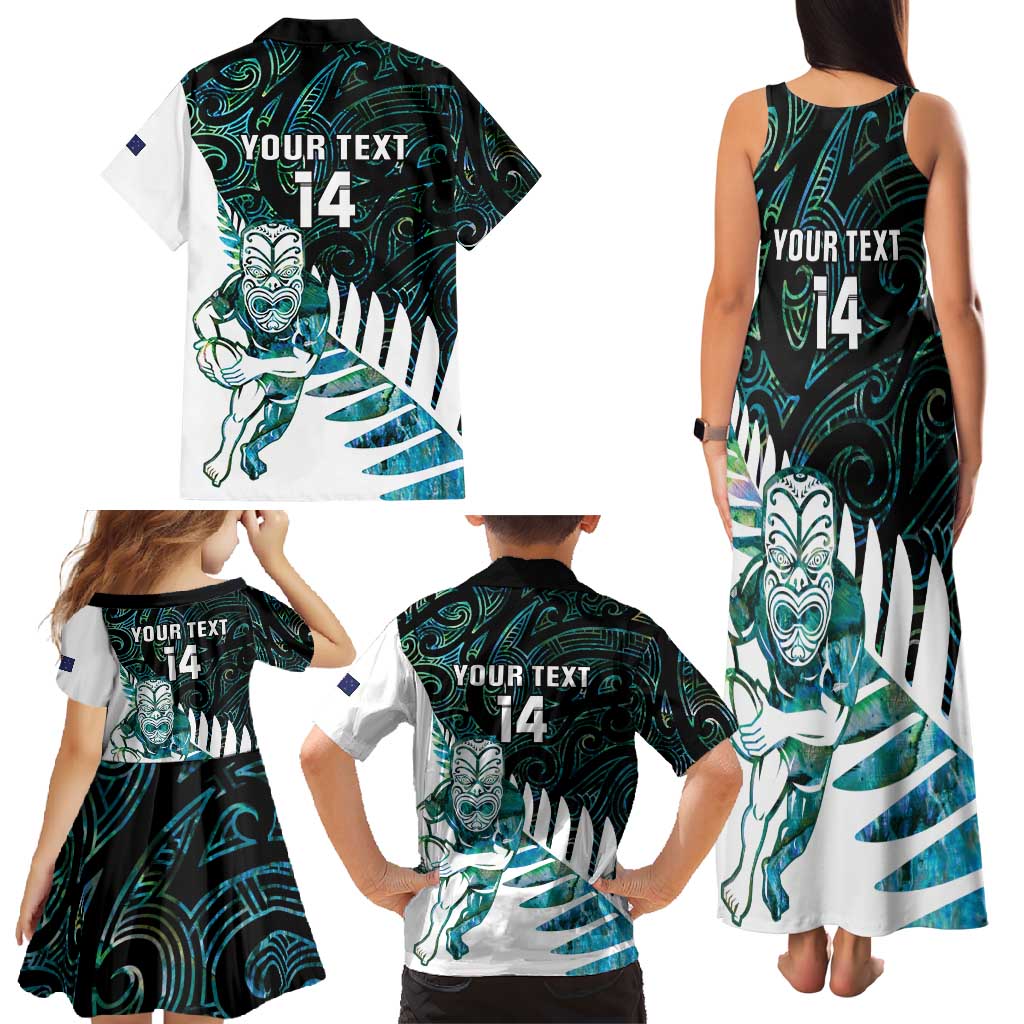 New Zealand Silver Fern Rugby Custom Family Matching Tank Maxi Dress and Hawaiian Shirt Go All Black Turquoise Maori Paua Shell LT14 - Polynesian Pride
