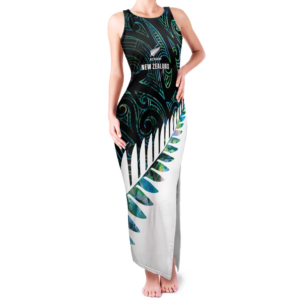 New Zealand Silver Fern Rugby Custom Family Matching Tank Maxi Dress and Hawaiian Shirt Go All Black Turquoise Maori Paua Shell LT14 Mom's Dress Turquoise - Polynesian Pride