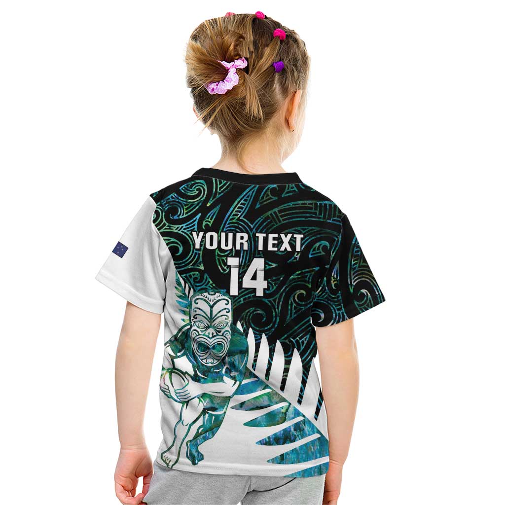 New Zealand Silver Fern Rugby Custom Kid T Shirt Go All Black Turquoise Maori Paua Shell LT14 - Polynesian Pride