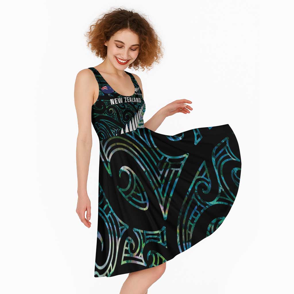 New Zealand Silver Fern Rugby Custom Midi Dress Go All Black Turquoise Maori Paua Shell - Polynesian Pride