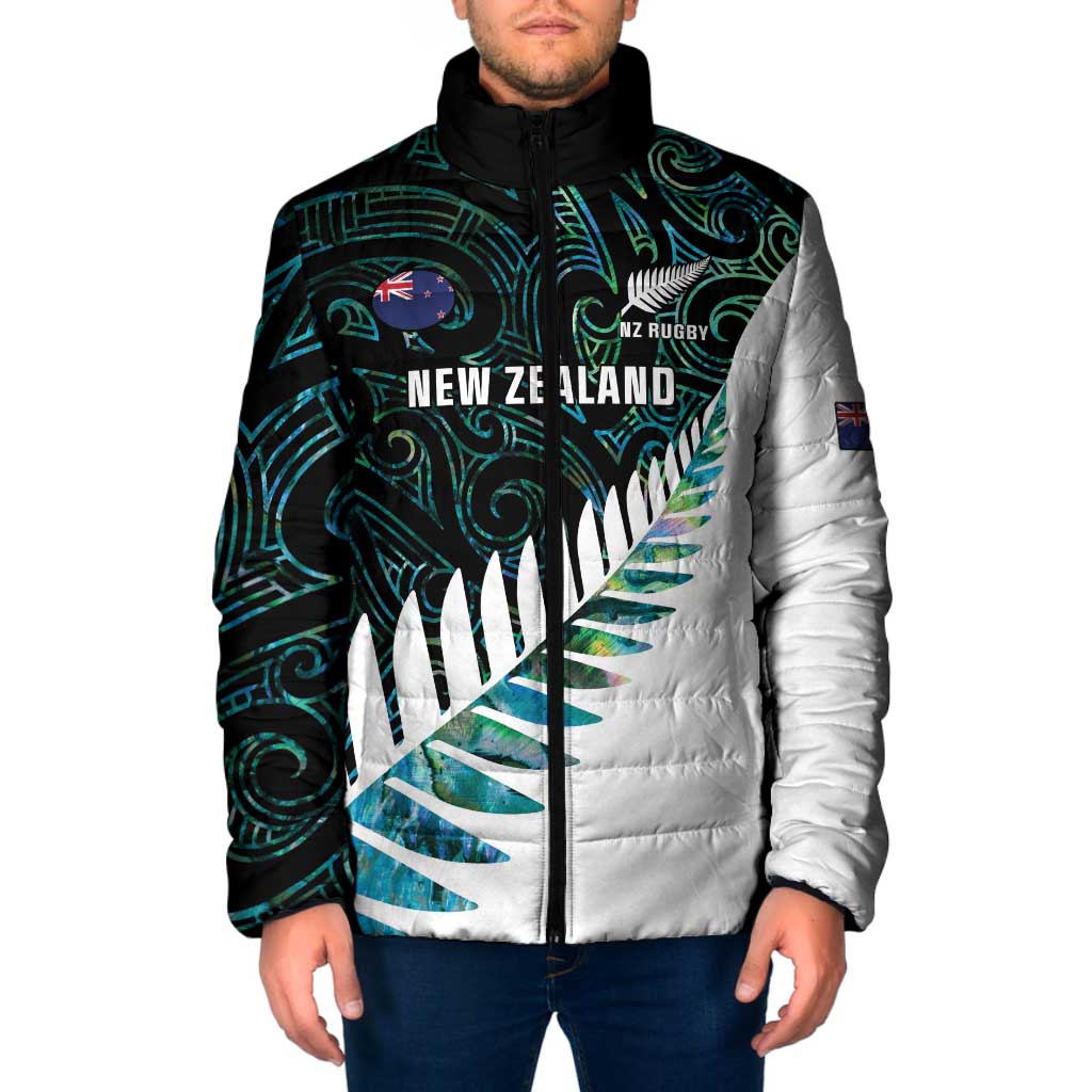 New Zealand Silver Fern Rugby Custom Padded Jacket Go All Black Turquoise Maori Paua Shell - Polynesian Pride