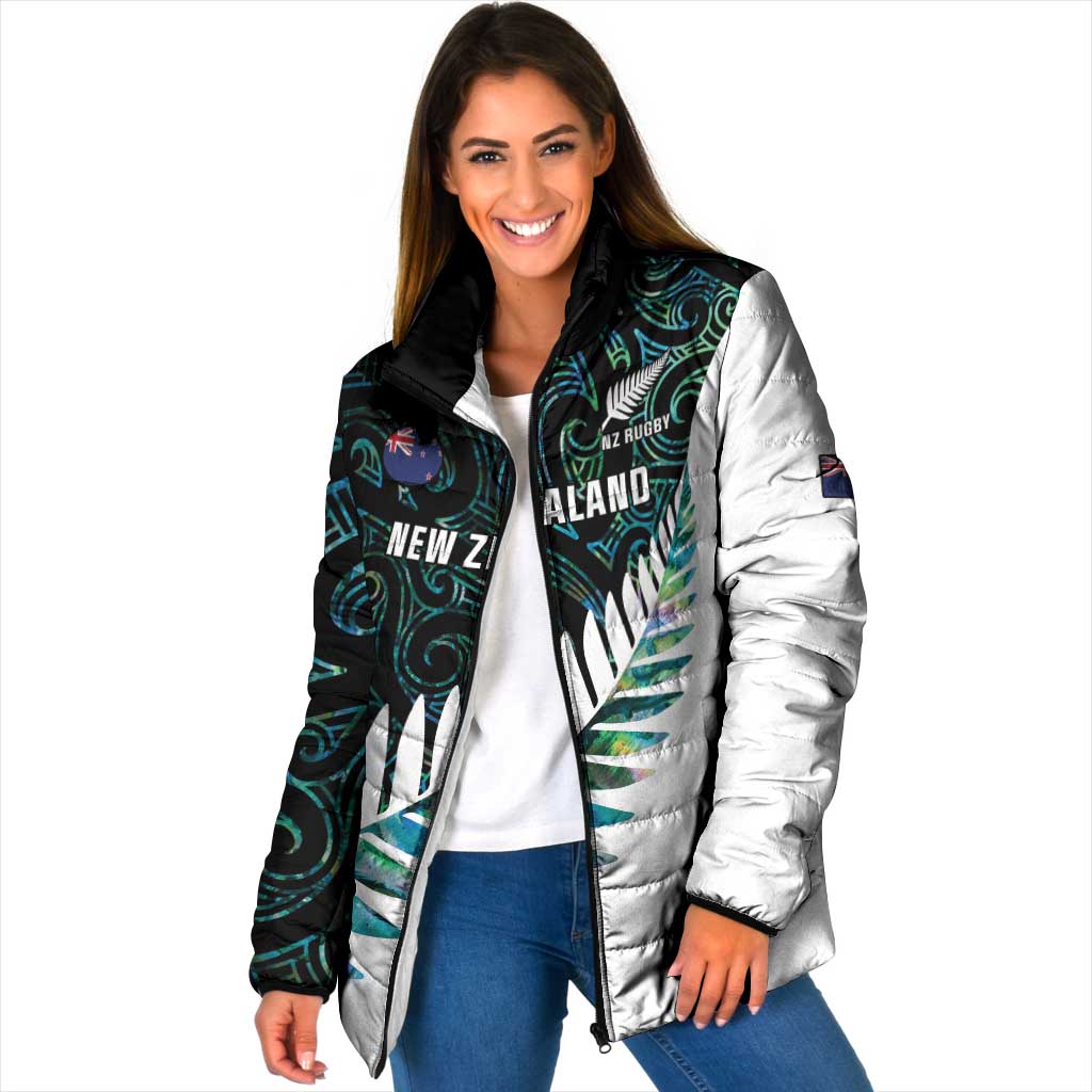 New Zealand Silver Fern Rugby Custom Padded Jacket Go All Black Turquoise Maori Paua Shell - Polynesian Pride