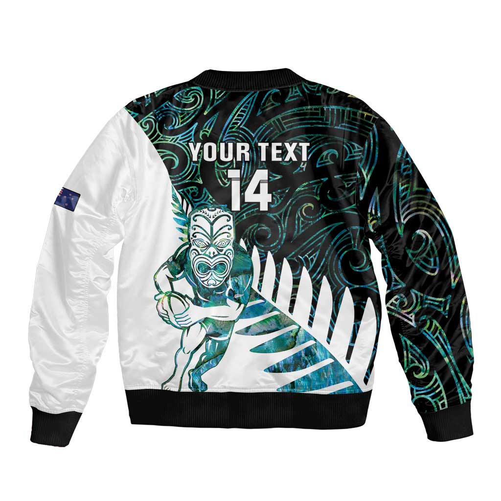 New Zealand Silver Fern Rugby Custom Sleeve Zip Bomber Jacket Go All Black Turquoise Maori Paua Shell - Polynesian Pride