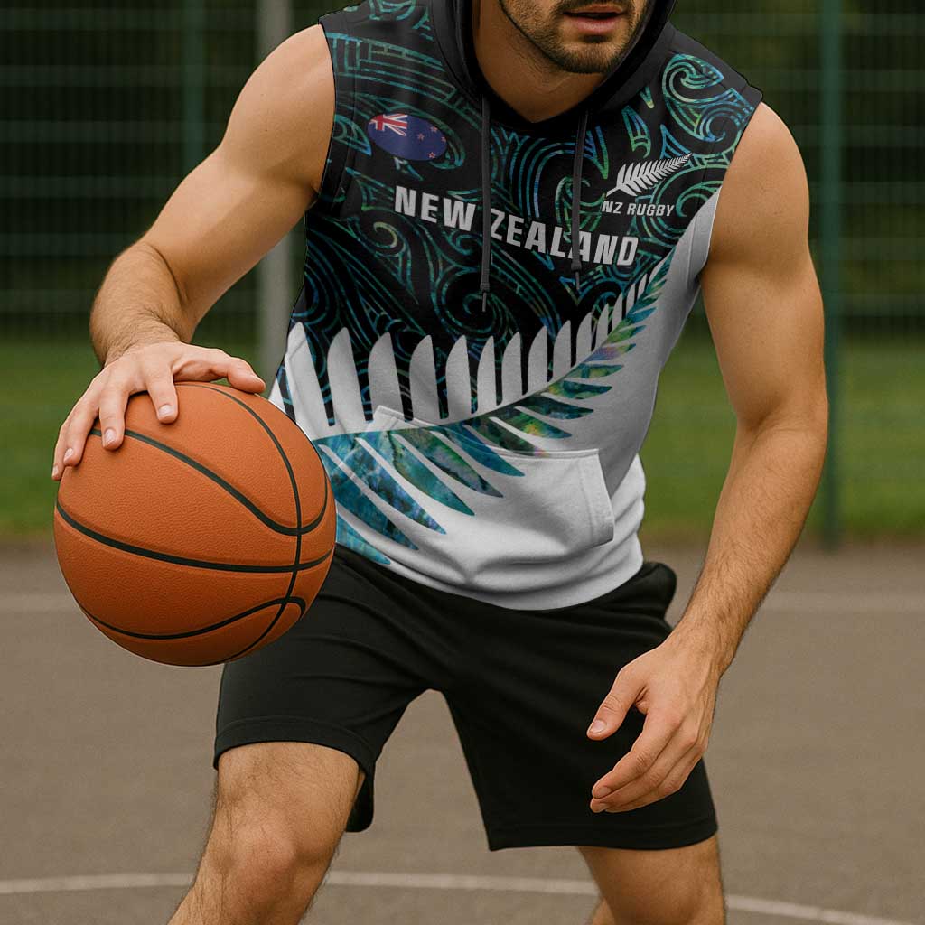 New Zealand Silver Fern Rugby Custom Sleeveless Hoodie Go All Black Turquoise Maori Paua Shell - Polynesian Pride