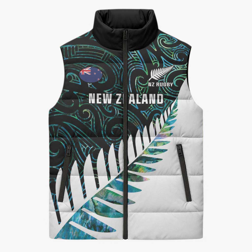 New Zealand Silver Fern Rugby Custom Sleeveless Puffer Jacket Go All Black Turquoise Maori Paua Shell - Polynesian Pride