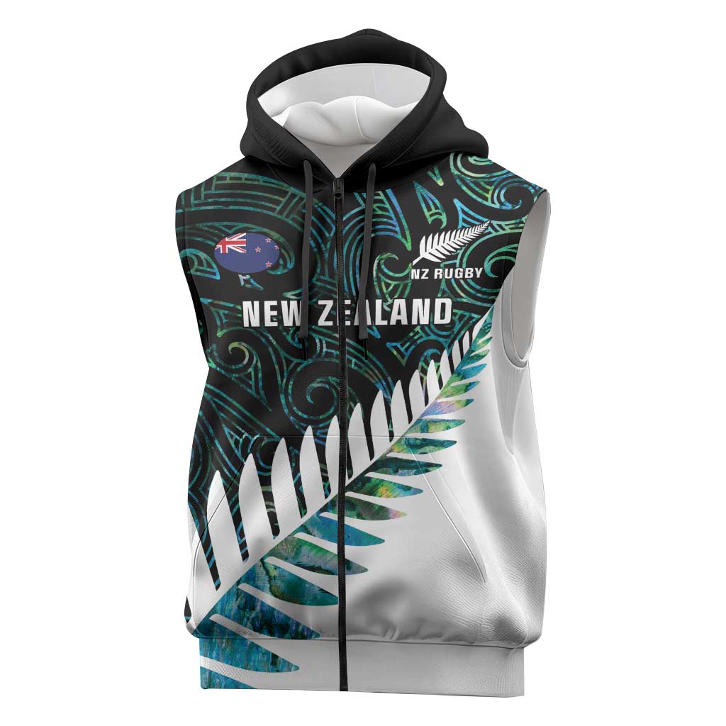 New Zealand Silver Fern Rugby Custom Sleeveless Zip Hoodie Go All Black Turquoise Maori Paua Shell LT14 Turquoise - Polynesian Pride