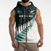New Zealand Silver Fern Rugby Custom Sleeveless Zip Hoodie Go All Black Turquoise Maori Paua Shell LT14 - Polynesian Pride