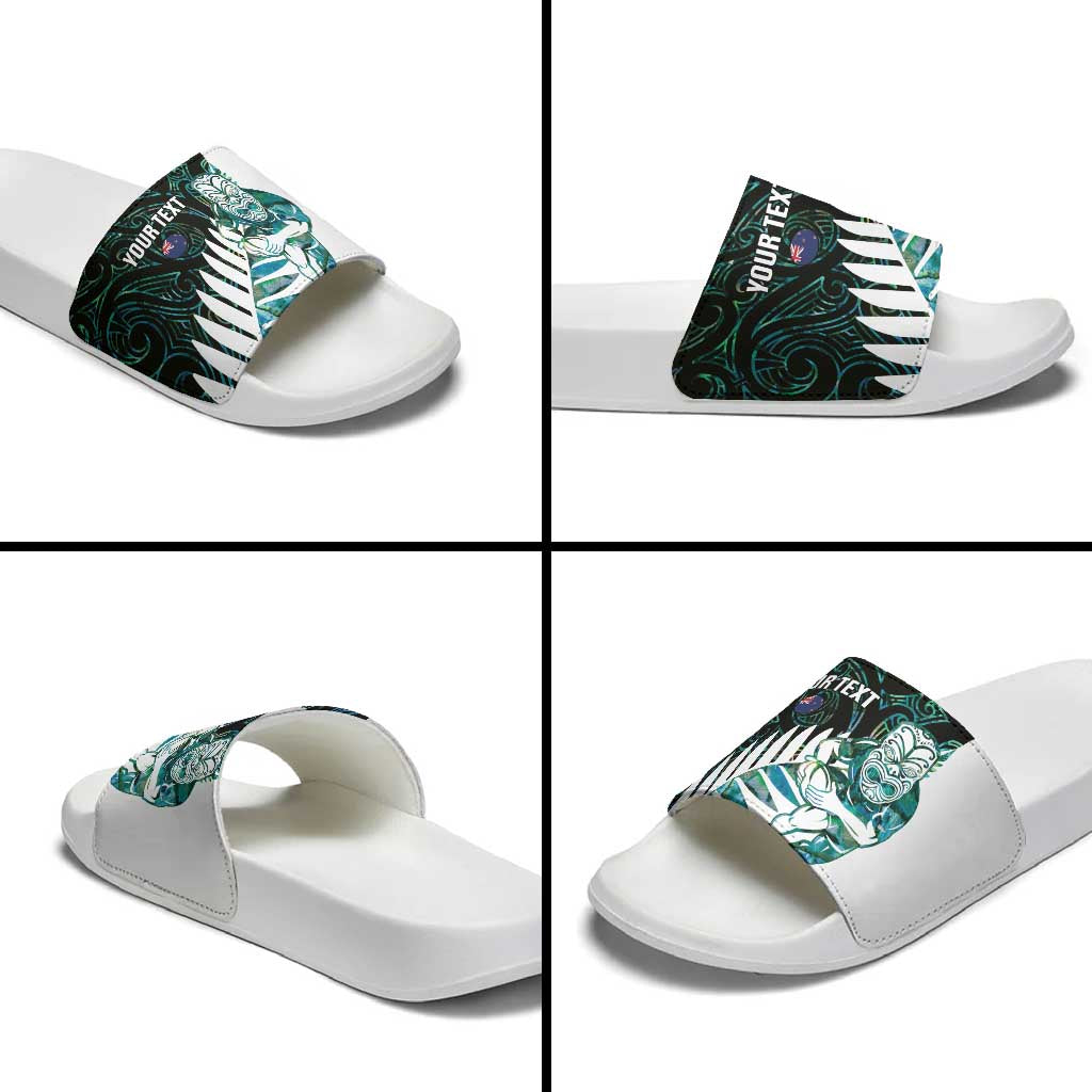 New Zealand Silver Fern Rugby Custom Slide Sandals Go All Black Turquoise Maori Paua Shell - Polynesian Pride