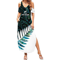 New Zealand Silver Fern Rugby Custom Summer Maxi Dress Go All Black Turquoise Maori Paua Shell - Polynesian Pride