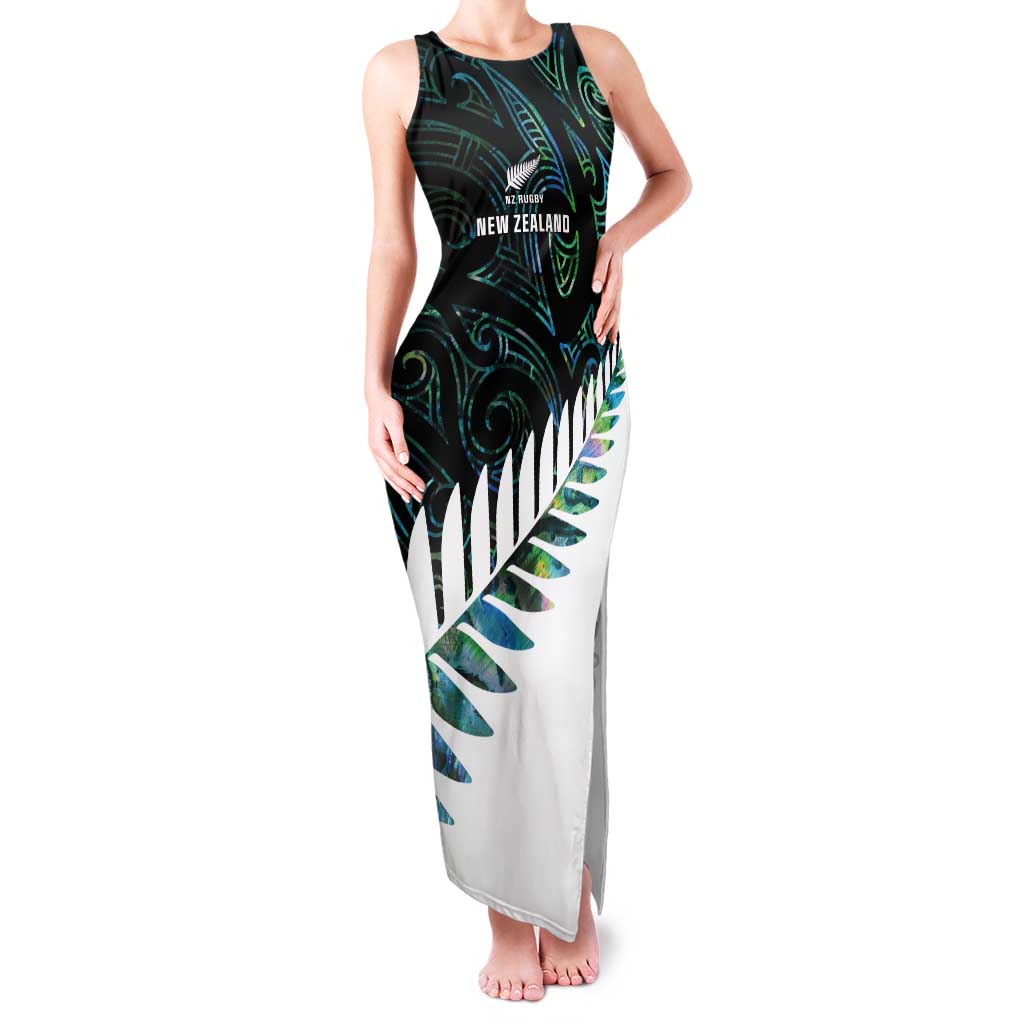 New Zealand Silver Fern Rugby Custom Tank Maxi Dress Go All Black Turquoise Maori Paua Shell - Polynesian Pride