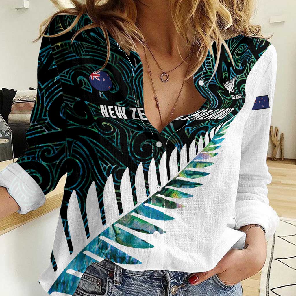 New Zealand Silver Fern Rugby Custom Women Casual Shirt Go All Black Turquoise Maori Paua Shell LT14 Female Turquoise - Polynesian Pride