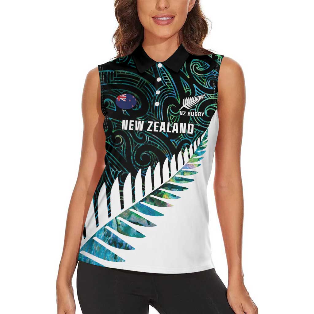 New Zealand Silver Fern Rugby Custom Women Sleeveless Polo Shirt Go All Black Turquoise Maori Paua Shell LT14 - Polynesian Pride
