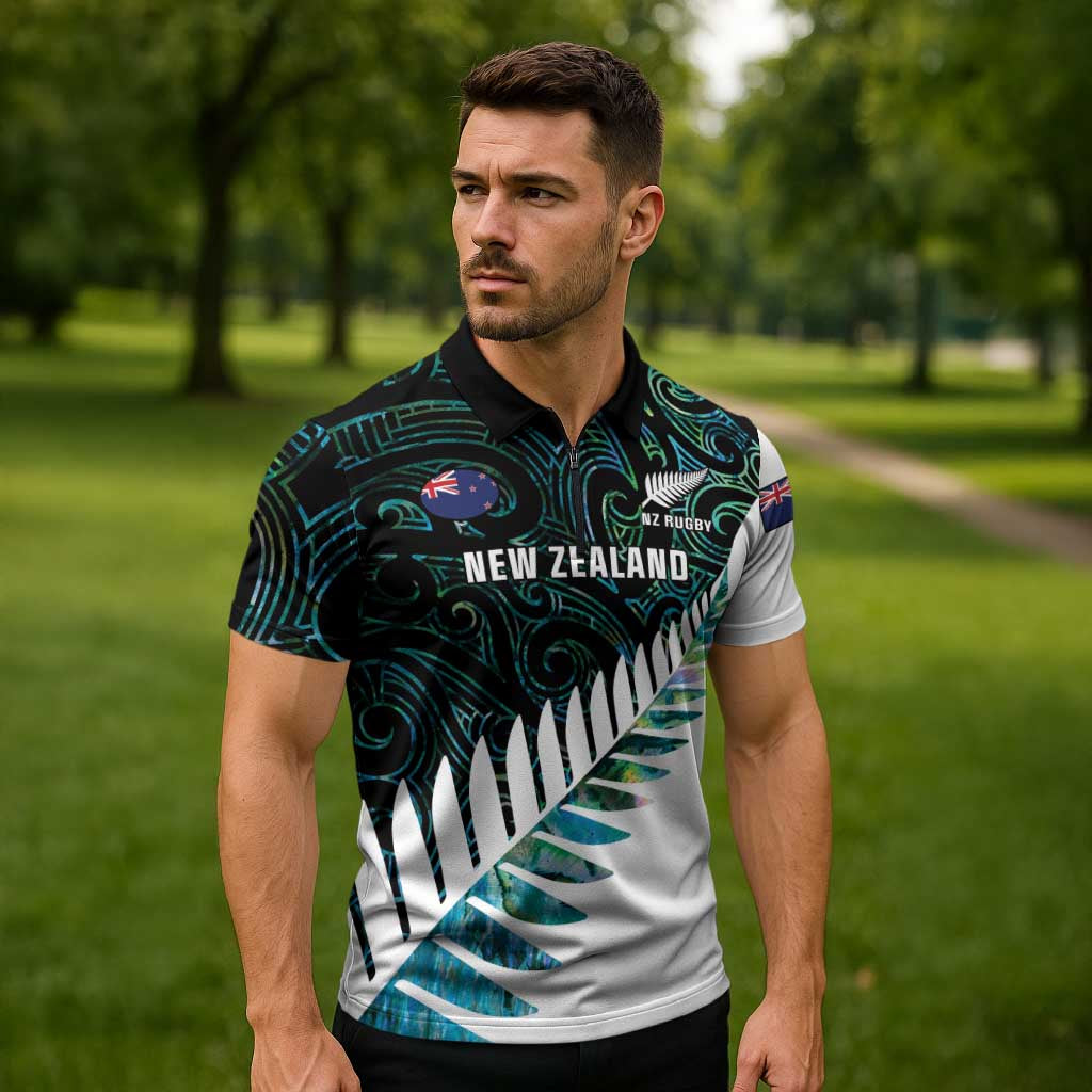 New Zealand Silver Fern Rugby Custom Zipper Polo Shirt Go All Black Turquoise Maori Paua Shell LT14 - Polynesian Pride