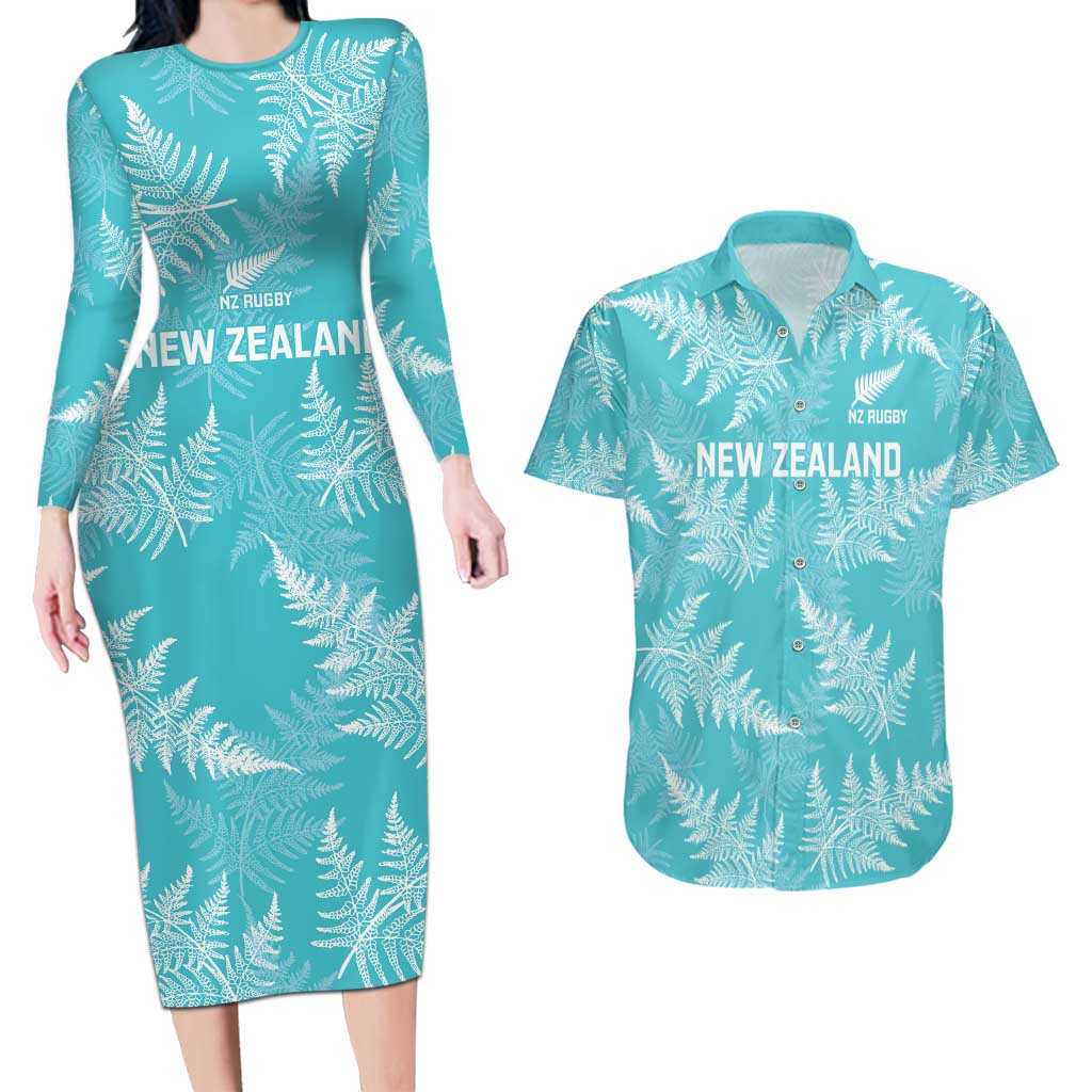 New Zealand Silver Fern Rugby Custom Couples Matching Long Sleeve Bodycon Dress and Hawaiian Shirt Go Aotearoa Champions Turquoise Version - Polynesian Pride