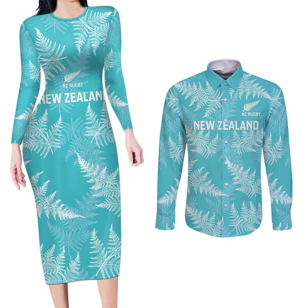 New Zealand Silver Fern Rugby Custom Couples Matching Long Sleeve Bodycon Dress and Long Sleeve Button Shirt Go Aotearoa Champions Turquoise Version - Polynesian Pride