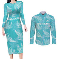 New Zealand Silver Fern Rugby Custom Couples Matching Long Sleeve Bodycon Dress and Long Sleeve Button Shirt Go Aotearoa Champions Turquoise Version - Polynesian Pride