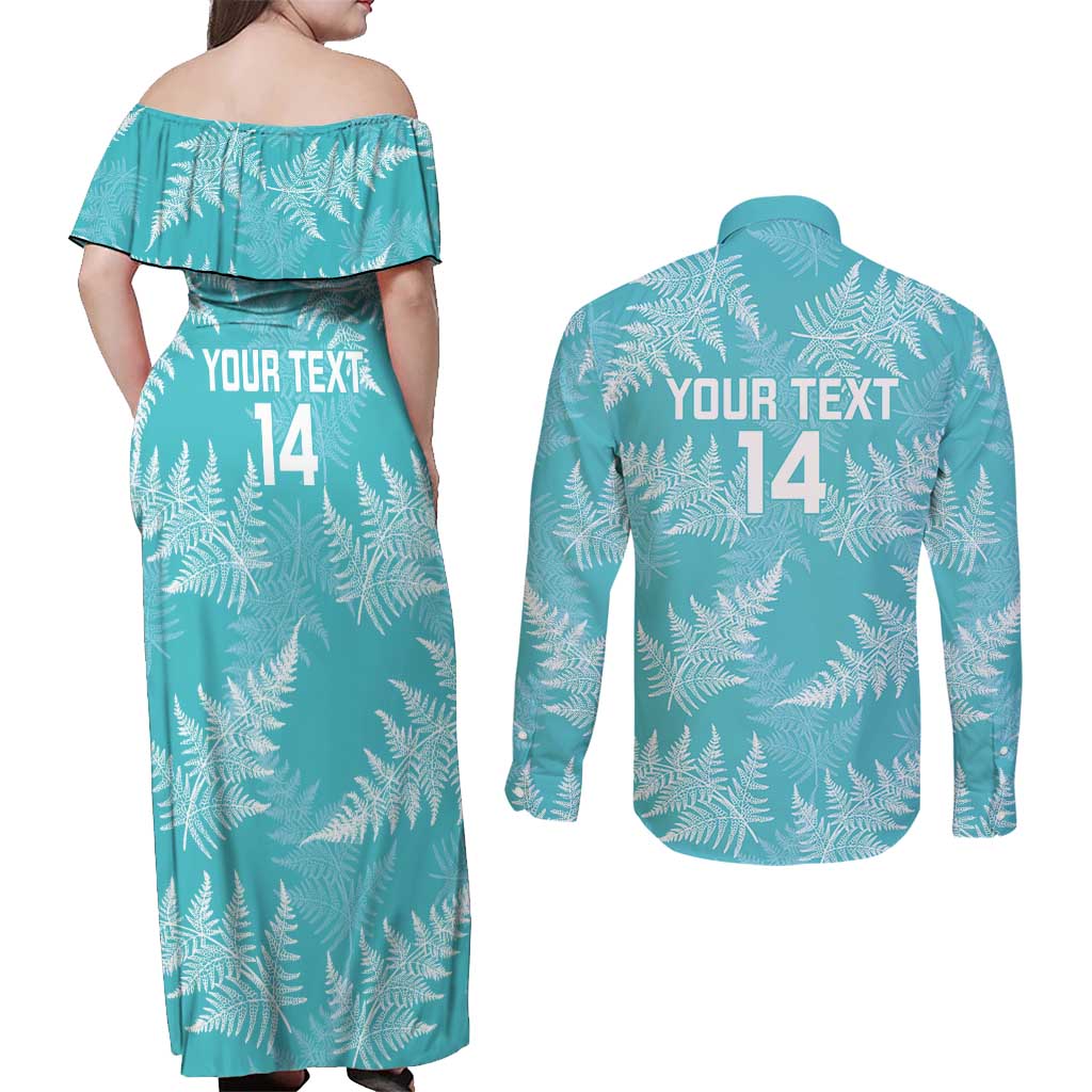 New Zealand Silver Fern Rugby Custom Couples Matching Off Shoulder Maxi Dress and Long Sleeve Button Shirt Go Aotearoa Champions Turquoise Version LT14 - Polynesian Pride